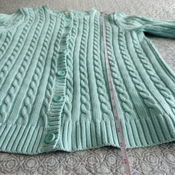 L.L. Bean Cable Knit Cotton Cardigan Sweater Light Aqua Blue Mint Size L - Picture 6 of 10